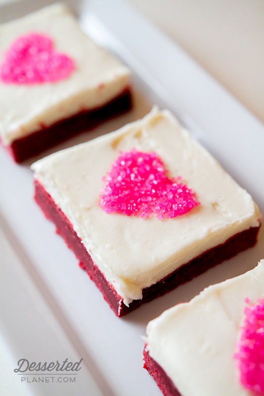 Red Velvet Sugar Cookie Bars with Pink Hearts